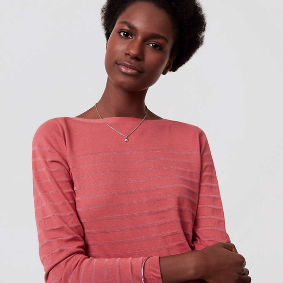 LOFT Springstripe Lightweight Coral Rose Sweater - Picture 1 of 8